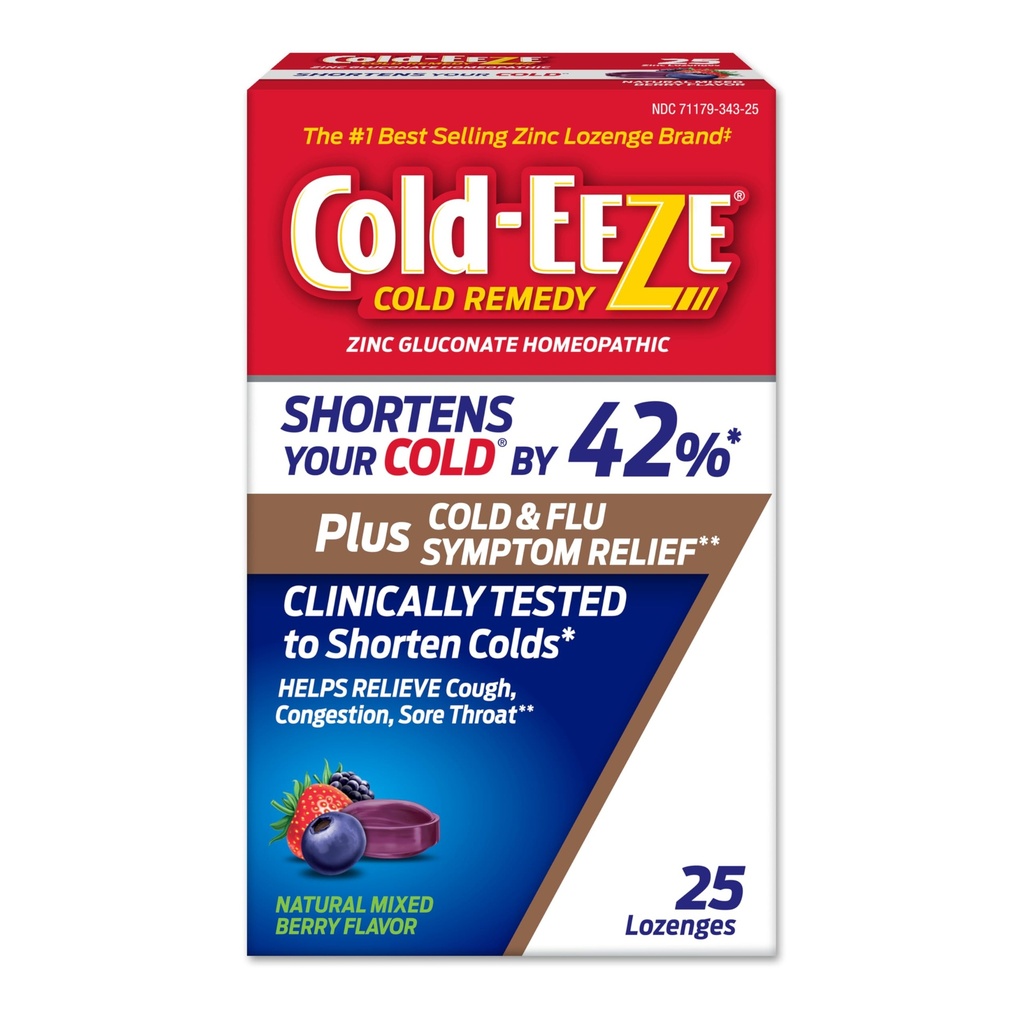 Cold- Eeze Plus Natural Mixed Berry Cold & Flu Zink Lozenges, Multi- symptom Relief, Homøopatisk Cold Remedy, Reducerer Varigheden af den fælles kulde, Sambucus Nigra til Relieve Cold & Flu Symptomer, 25 Ct