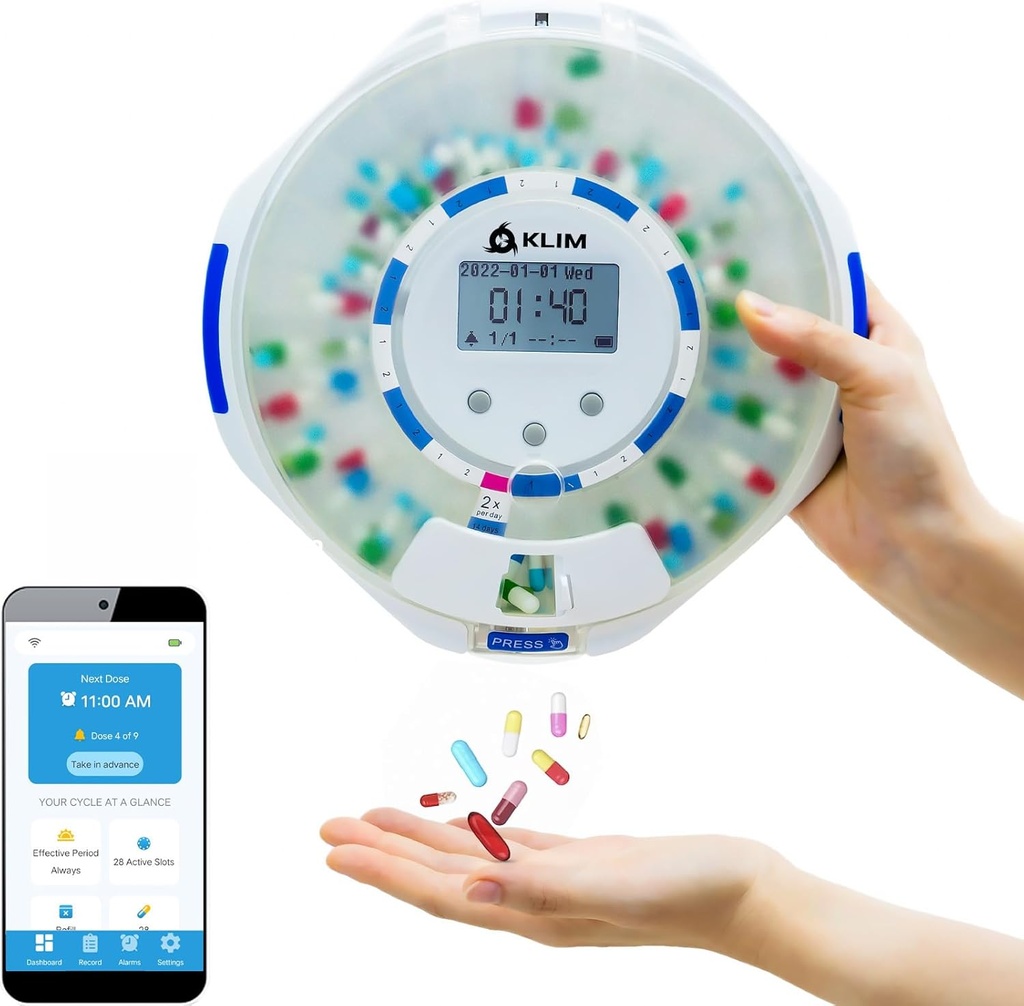 KLIM Smart Pill Dispenser med Alarm - WiFi Overvågning App - 28-dag automatisk medicin dispenser til ældre & Alzheimers pleje - Lock Key - Ny version
