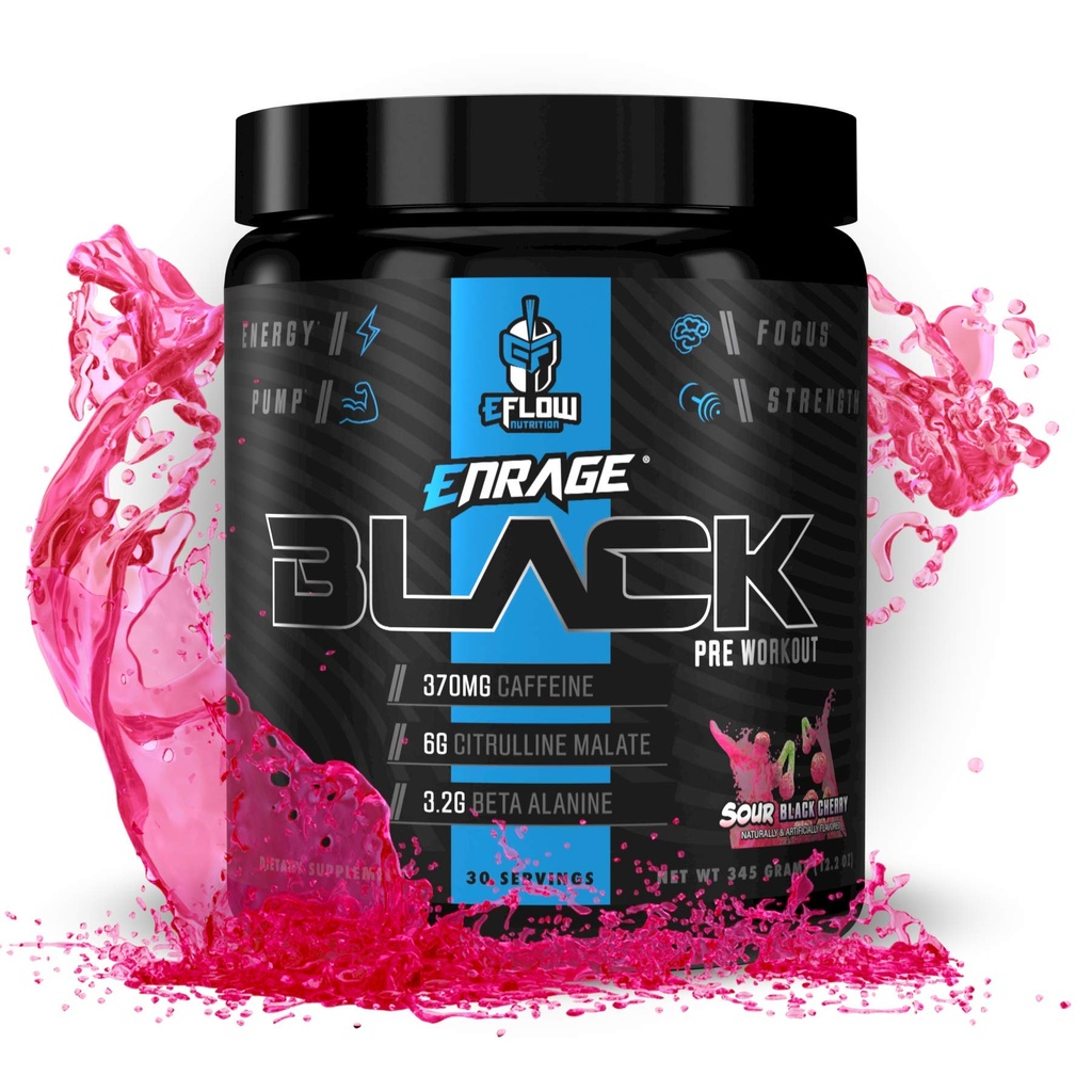 eFlow Nutrition Enrage Black High Stimulant Pre Workout Supplement - Preworkout Powder to Boost Energy, Pumper og Styrke - 4 Arme (30 Servere) (Sour Black Cherry)
