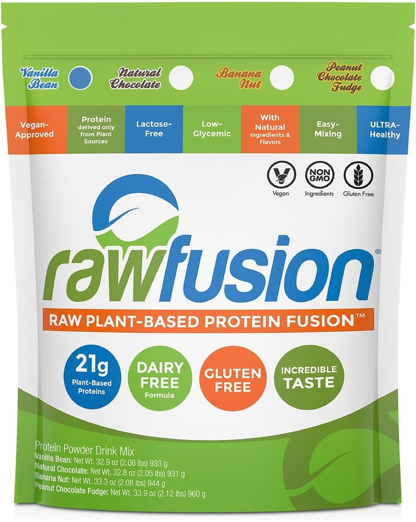Rawfusion Vegan Protein Powder, Vanilla Bean - 30 Serveringer, 21g Plantbaserede Protein, Lavnettarmaturer, non-Dairy, Gluten- Free, Soy- Free, Kosher, non-GMO, 2.06lbs