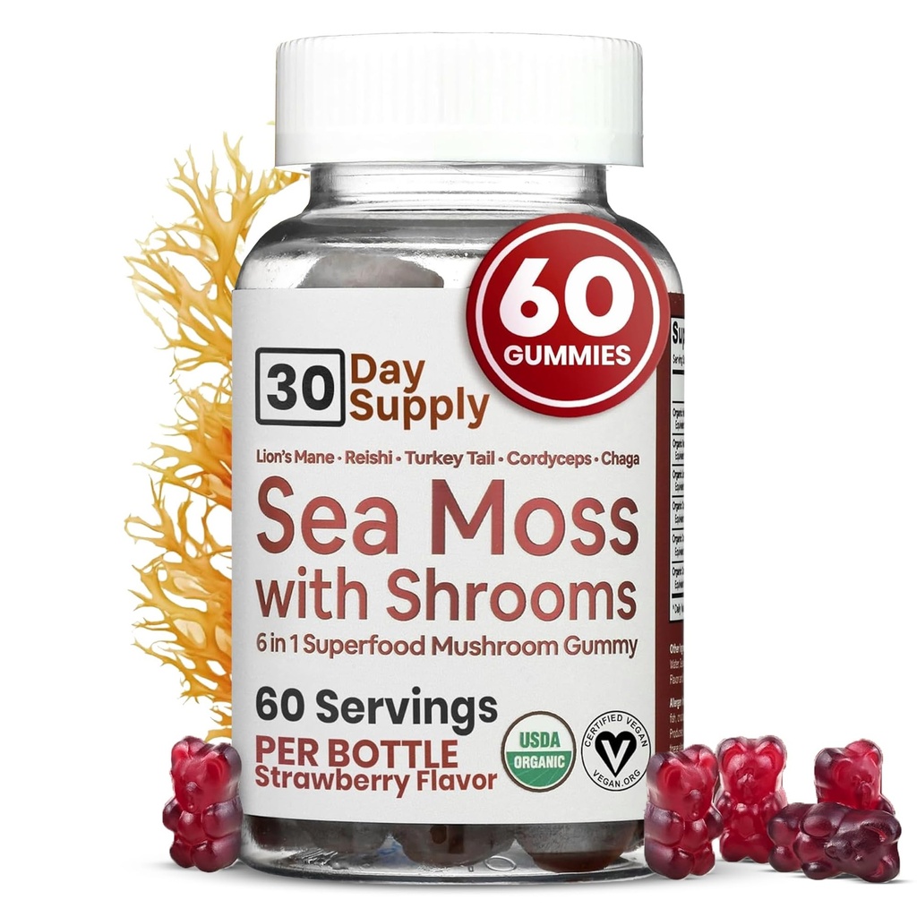 Sea Moss Gummies with Lions Mane Mushroom - Sea Moss Gel Alternativ med Irish Moss, Reishi, Cordyceps, Chaga & Turkey Tail Supplement - Fokus vingummi uden kaffe - 60 ct