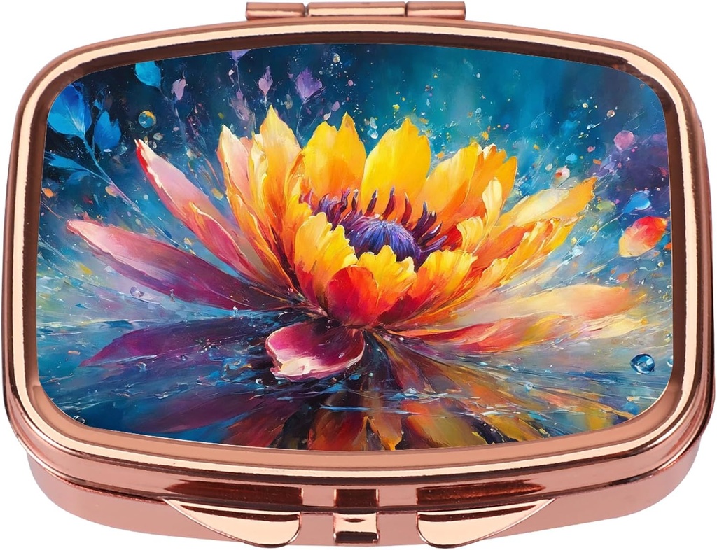 Dynippy Pill Case Pill Box med spejl Retro Pocket 2 Compartment Medicine Case Vitamin Pill Organizer for Pocket Purse and Travel (Rose Gold - Farverig Flower)