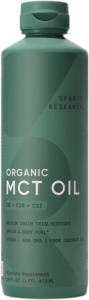 Sports Research Organic MCT Olie - Keto & Vegan MCTs C8, C10, C12 fra Coconuts - Fedtsyrehjerne & Kropsolie, Flavorless, Non- GMO & Gluten Free - Perfekt i kaffe, te & Protein Shakes - 16 oz