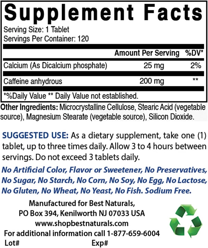 Bedste Naturals Koffein 200mg & betain Vandfrit pulver 1 Pund