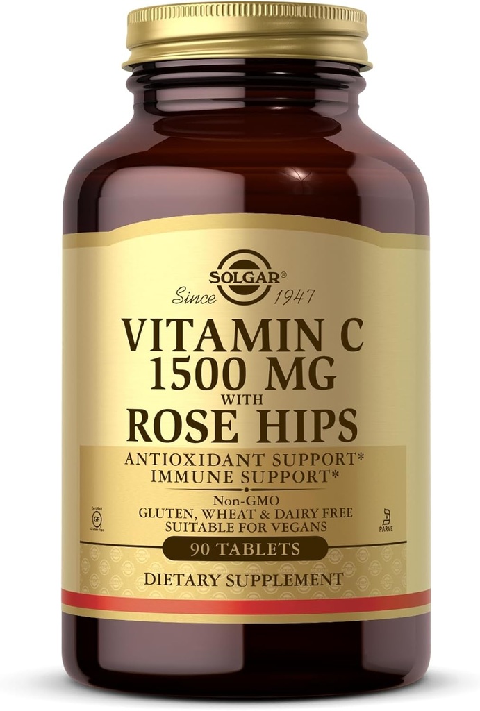 Solgar vitamin C 1500 mg med Rose HIPS, 90 tabletter - Antioxidant & immunforsvar - Samlet sundhed - Understøtter sund hud & joints - non-GMO, Vegan, Gluten Free, Dairy Free, Kosher - 90 Servere