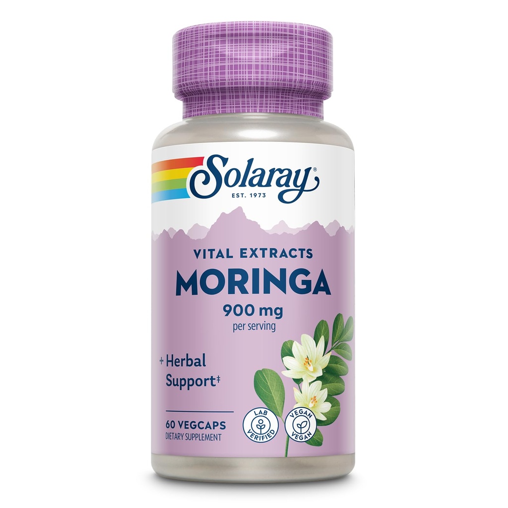 SOLARAY Moringa Capsules 900 mg - Moringa Supplement med 135 mg saponiner - Urtestøtte w / naturligt forekommende vitaminer, mineraler, aminosyrer, Vegan, 60- dag garanti, 30 Serv, 60 VegCaps