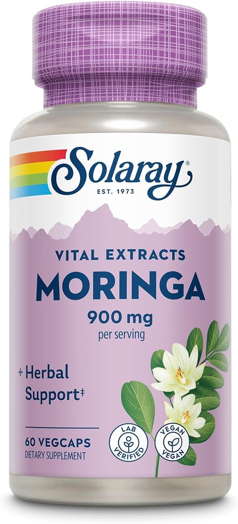 SOLARAY Moringa Capsules 900 mg - Moringa Supplement med 135 mg saponiner - Urtestøtte w / naturligt forekommende vitaminer, mineraler, aminosyrer, Vegan, 60- dag garanti, 30 Serv, 60 VegCaps