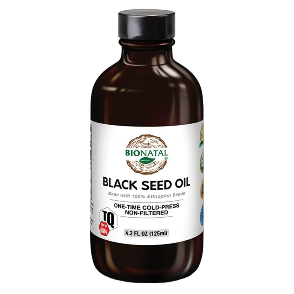 BioNatal Etiopian Black Seed Oil 4.2oz Glass - Cold Pressed Nigella Sativa Producerer Black Cumin Seed Oil, uraffineret & ikke-filtreret, høj TQ Op til 4.64% - Understøtter immunsystemet, fordøjelse & Joints