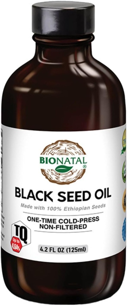 BioNatal Etiopian Black Seed Oil 4.2oz Glass - Cold Pressed Nigella Sativa Producerer Black Cumin Seed Oil, uraffineret & ikke-filtreret, høj TQ Op til 4.64% - Understøtter immunsystemet, fordøjelse & Joints