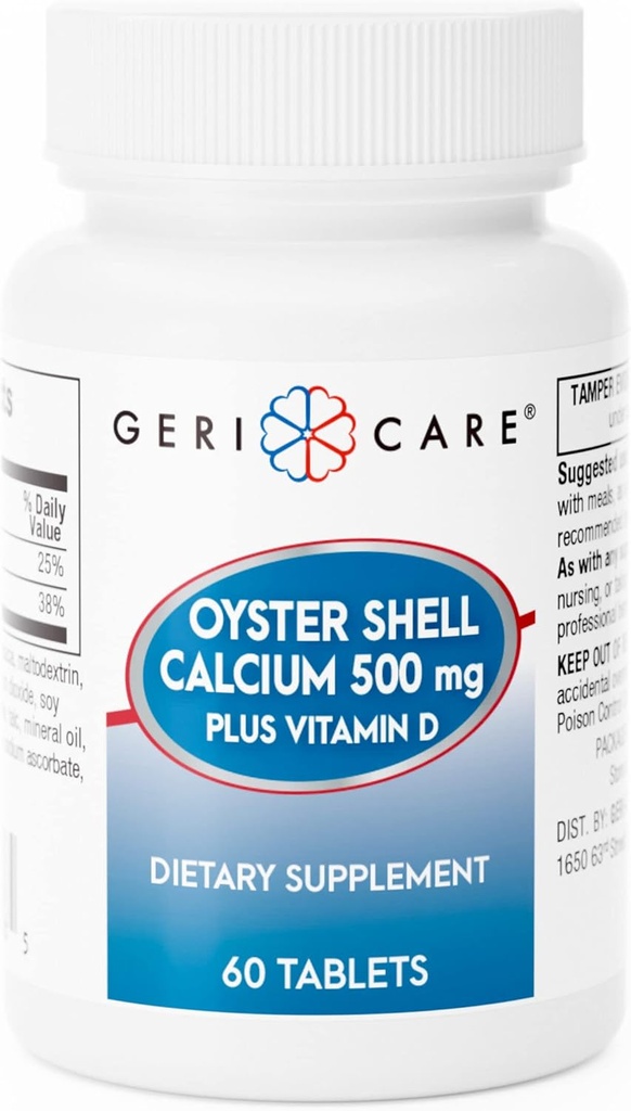 GeriCare Oyster Shell Calcium 500mg + D-vitamin, knoglerelateret medicin, kosttilskud tabletter, 60 greve (pakning med 1)