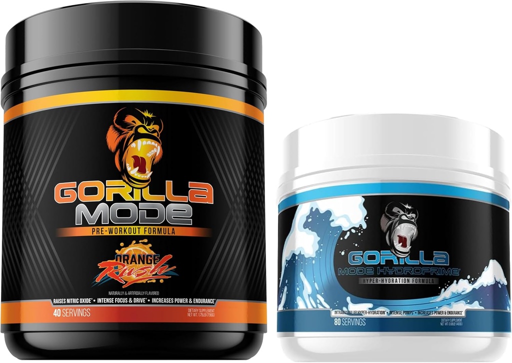 Gorilla Mode Pre Workout (Orange Rush) + HydroPrime Glycerol Pre Workout - Omfattende stack for Hyper- Hydration, Pump, Power, Endurance, og Thermoregulation