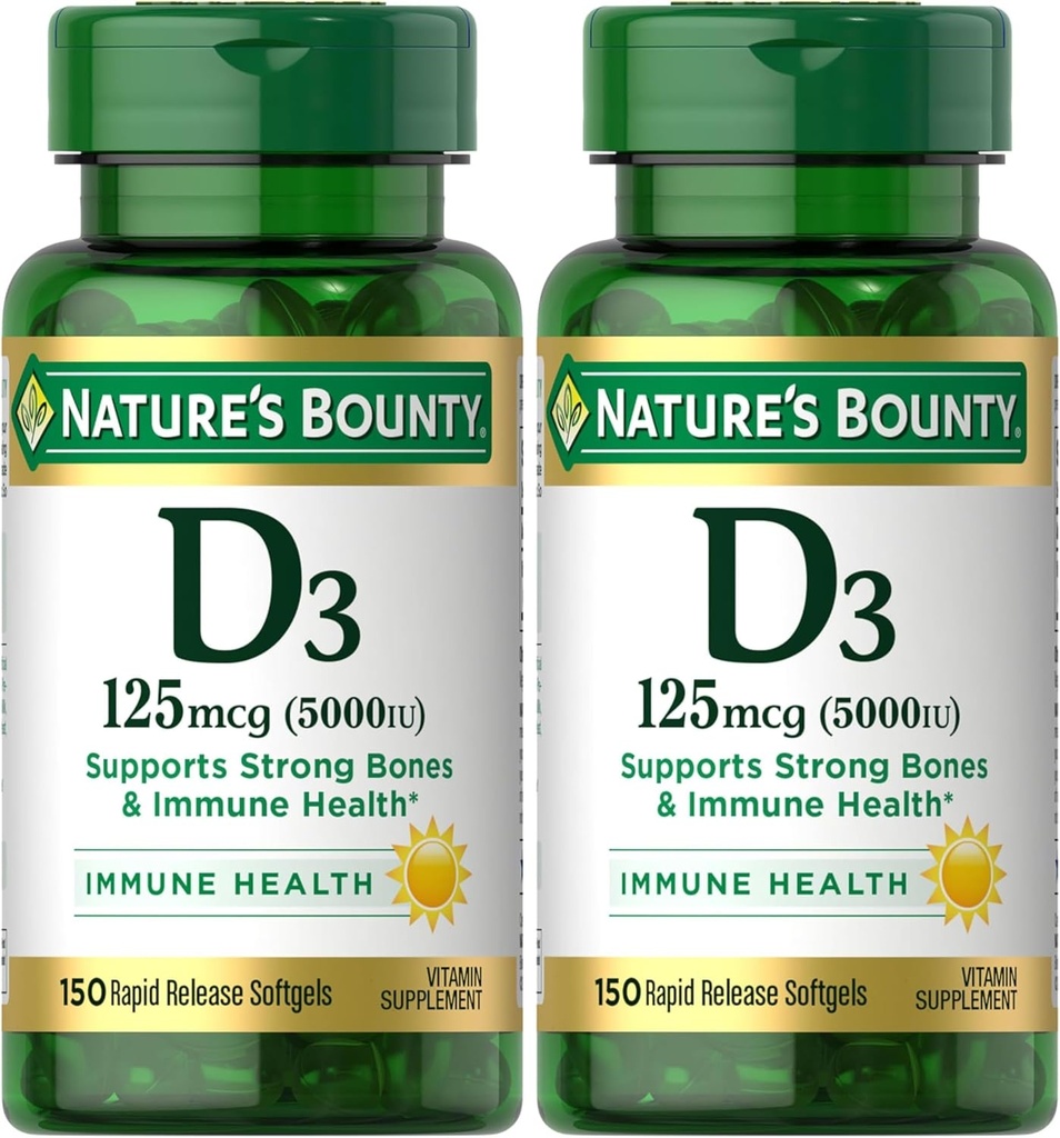 Nature 's Bounty Vitamin D3, immun- og benstøtte, 5000IE, Rapid Release Softels, 150 Ct (pakke med 2)