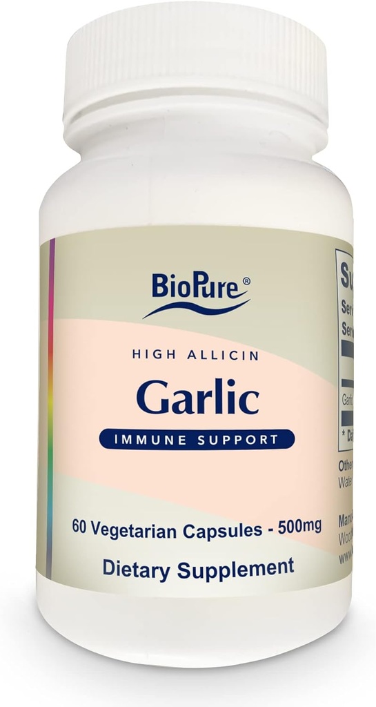 BioPure High Allicin Garlic Supplement – Potent Organic Supplement Rich in Allicin, Trace Minerals, Vitamins, Amino Acids, & Enzymes for Immune, Detox, Gut Health, & Overall Wellness – 60 Capsules