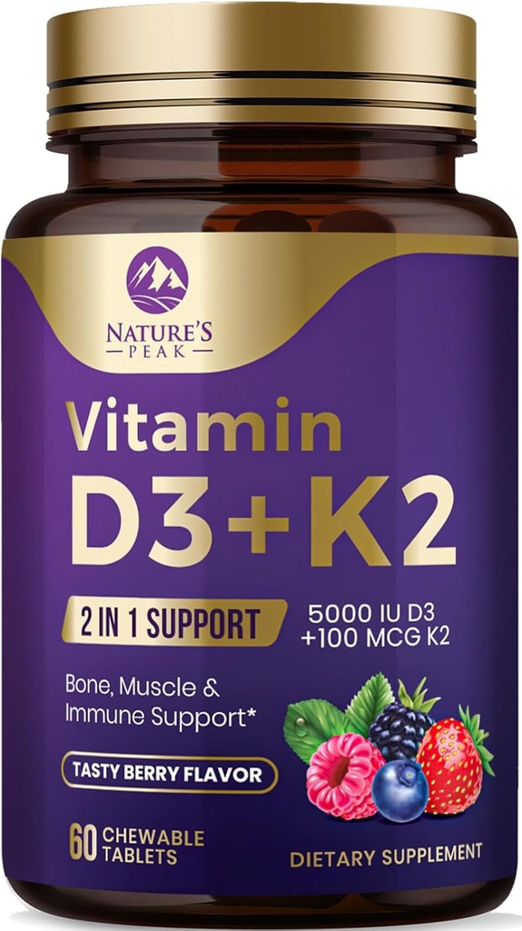 Vitamin D3 K2 - 5000 iu Vitamin D3 & 100 mcg Vitamin K2 (MK- 7) Kompleks til immunforsvar - Knogler, tænder og muskler Helbredsstøtte - Berry Chewable, Gluten Free, Non- GMO, Flasket i USA - 60 tabletter