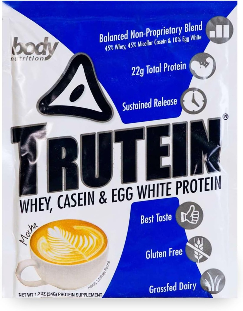 Body Nutrition Trutein High Protein Powder: 45% Whey, 45% Casein, 10% Egg White, Gluten- Free, Lavnatrium, Grass Fed Whey Protein Powder, Gym Supplement & Breakfast Shake, Mocha, 34g Sample