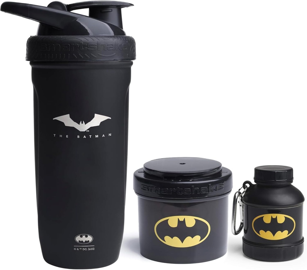 Smartshake DC Comics Bundle - Batman rustfrit stål Protein Shaker 900ml med tragt 110ml og opbevaring beholdere 200ml.