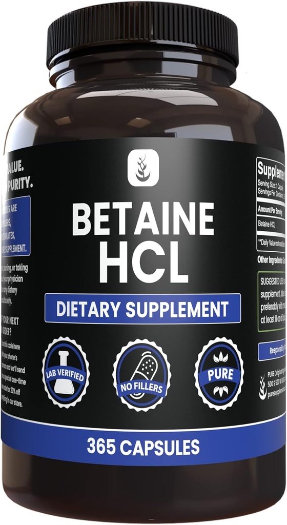 PURE ORIGINALSKE INGREDIENSER betaine HCL (365 kapsler) Ingen Magnesium eller ris fyldstoffer, altid ren, Lab Verified