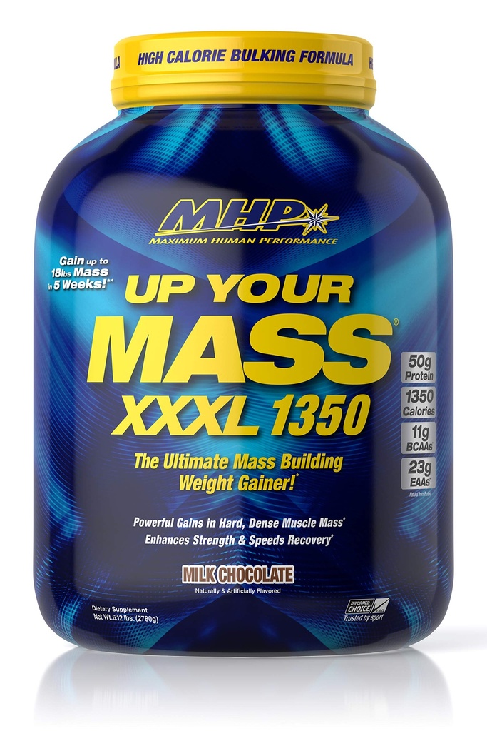 Maksimal Human Performance MHP UYM XXXL 1350 Mass Building Weight Gainer, Muscle Mass Gains, w / 50g Protein, High Calorie, 11g BCAA, Leucin, Milk Chocolate, 8 Servere
