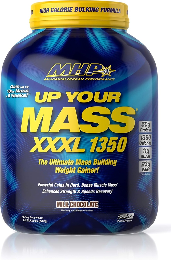 Maksimal Human Performance MHP UYM XXXL 1350 Mass Building Weight Gainer, Muscle Mass Gains, w / 50g Protein, High Calorie, 11g BCAA, Leucin, Milk Chocolate, 8 Servere