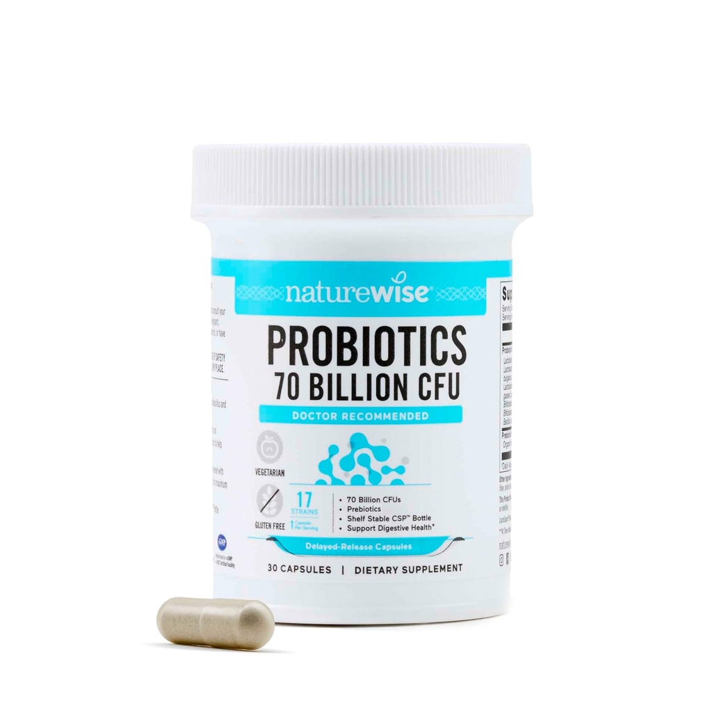 NatureWise Probiotika 70 Millioner CFU - 17 Strops + Organic Prebiotics - Immunitet, fordøjelsessygdomme & Gut Health Support til kvinder & mænd - Vegetarisk, Gluten- Free, Non- GMO - 30 Kapsler [1-måned Tilgang]