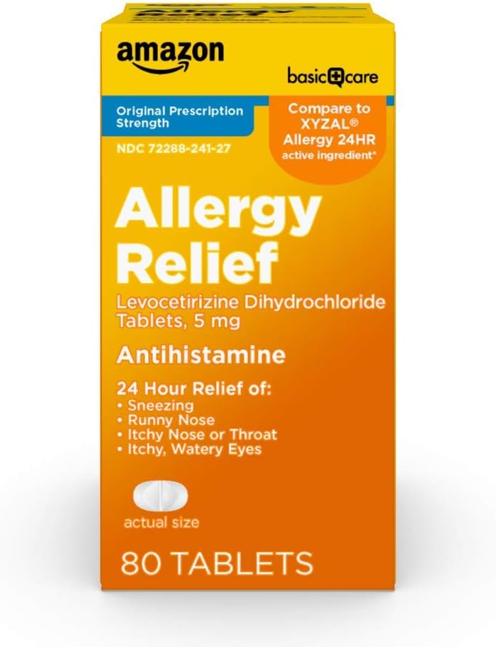Basic Care 24 Hour Allergi Relief, Levoctirizine Dihydrochloridtabletter, 5 mg Antihistamin til nysen, Runny Næse, Itchy Næse eller Hals og Itchy, Watery Eyes, 80 Count Pack