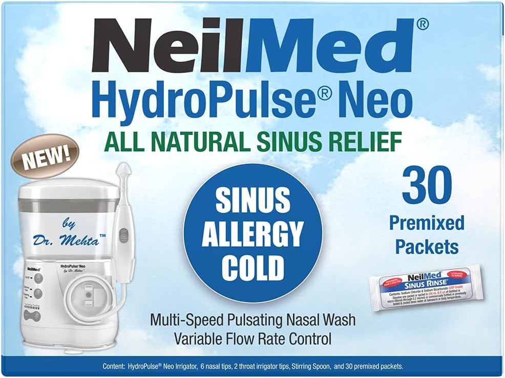NeilMed HydroPulse Neo. Multi-Speed Electric Pulsating Nasal Sinus Irrigation System with 30 Sinus Rinse Premixed Packets.