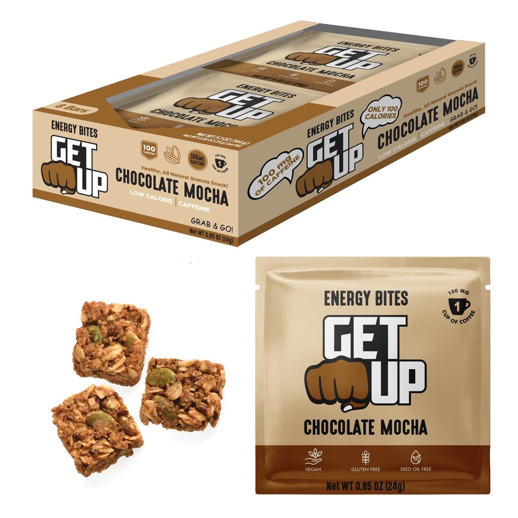 GetUp - Kaffeholdige Granola Bites - Chokolade Mocha (10 Pack) - 100mg Koffein Energy Bites - Lav kalorie, Gluten- fri, 0 Seed Oliils - Pre-Workout Portable Snack - Kaffe Substitute - Lavt sukker energi