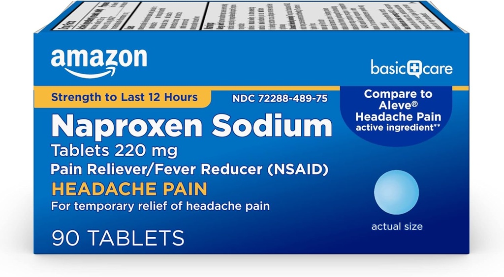 Basal pleje Hovedpine Smerte Relief Naproxen Natriumtabletter 220 mg, Også Relieves Gigt, Muskelsmerter, Backache, Menstruelle kramper og Tandpine, 90 Tæl