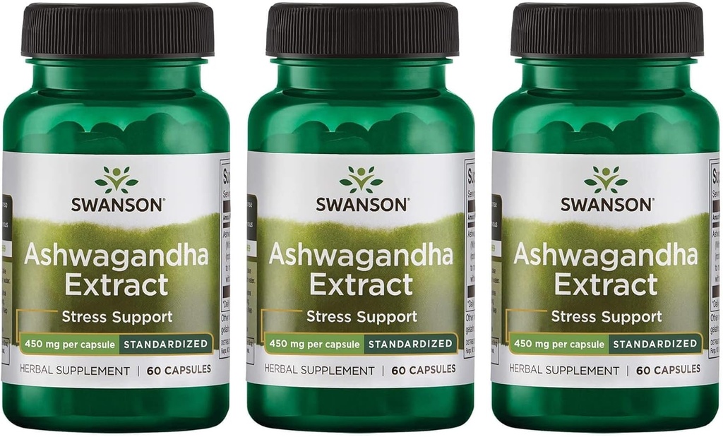 Swanson Ashwagandha Extract- Natural Supplement Promotion A Sund Stress Response, Energy Support & Nervesystemet Health- Ayurvedic Supplement for Natural Wellness- (60 kapsler, 450 mg hver) (3 Pack)
