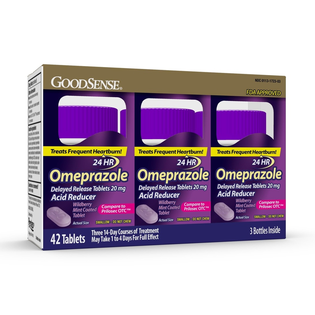 GoodSense Omeprazol, Sammenlign med Prilosec, Forsinkede tabletter 20 mg, Acid Reducer, Wildberry Mint Coated Tablet, 42 Tæl