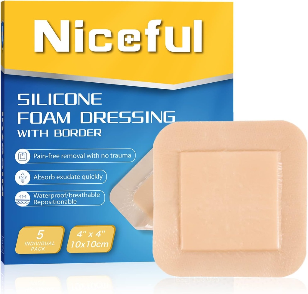 Silicone Foam Dressing 4 "x4", Vandtæt Silicone Bandages med Border Adhesive, High Absorbency Bed Sore Bandages Wown Care Dressing (2.5 "X2.5" Pad), 5 Pakker, FSA HSA Støtteberettiget