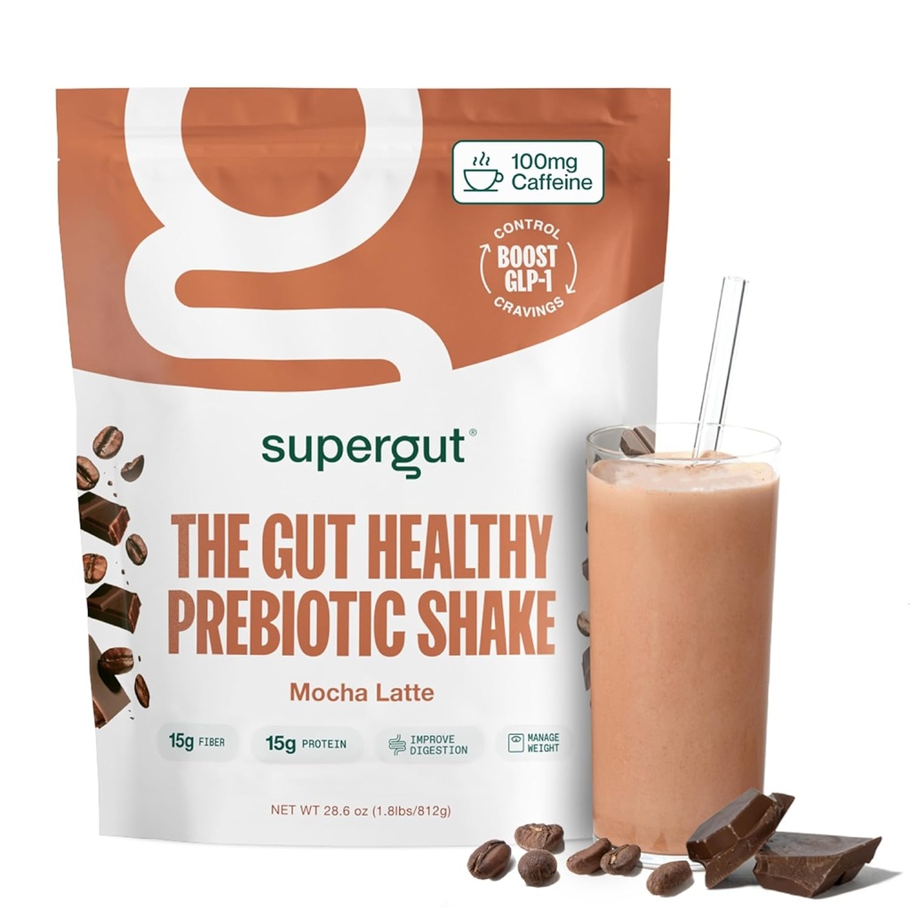 Supergut Prebiotic Shakes - 124; Meal Erstatning - 124; Boost GLP-1 - 124; High Protein - og Fiber - 124; Ingen tilsat sukker - 124; Keto Food, Meal, Snack (Mocha Latte, 14 portioner)