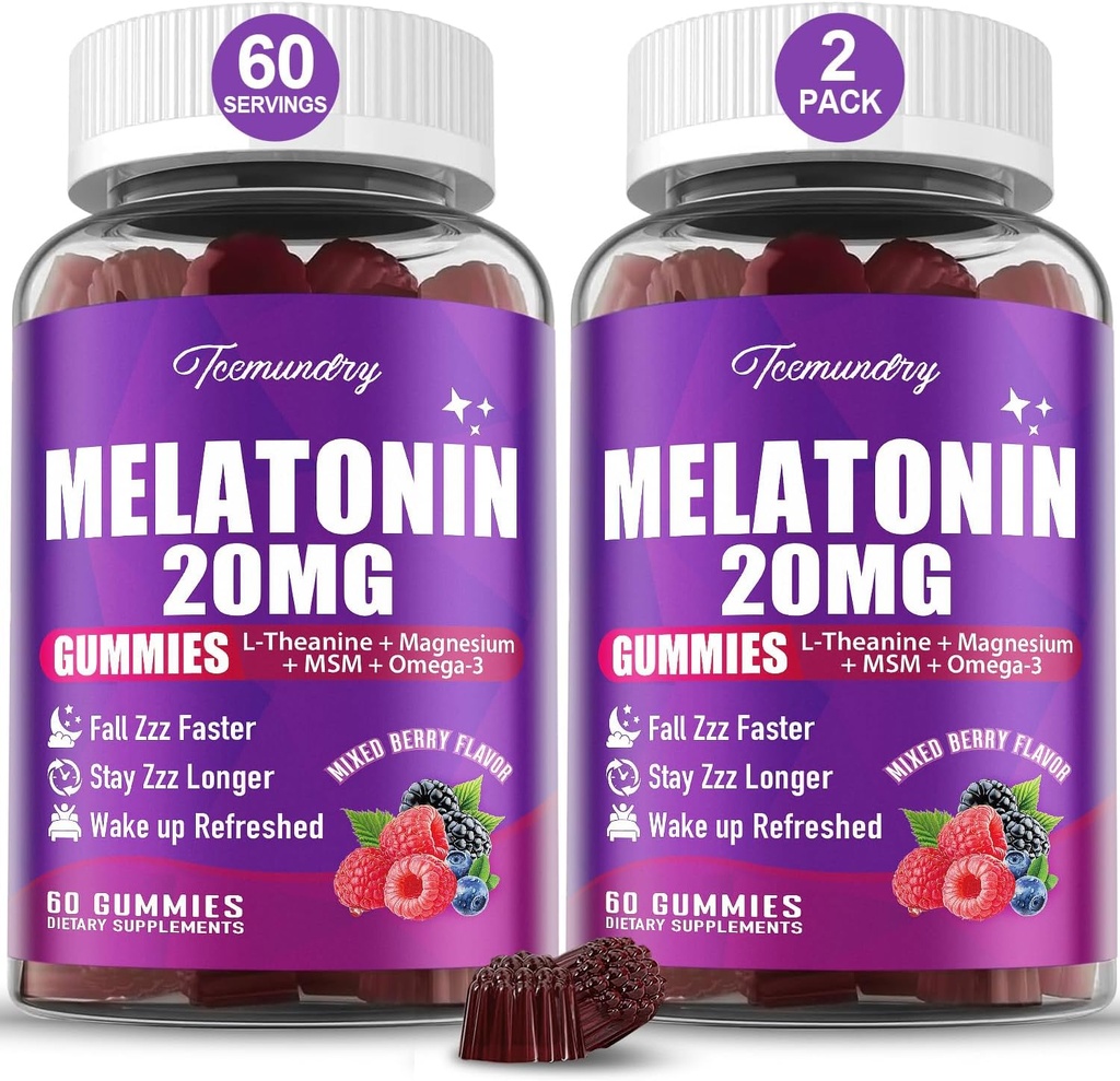 Melatonin Gummies 20mg for voksne - Maksimal styrke Melatonin Gummies med L- Theanin, Magnesium, Omega-3, MSM, D3 & Zink - Ikke-Habit Forming, Vegan, Ikke-GMO, Natural Mixed Berry Flavor