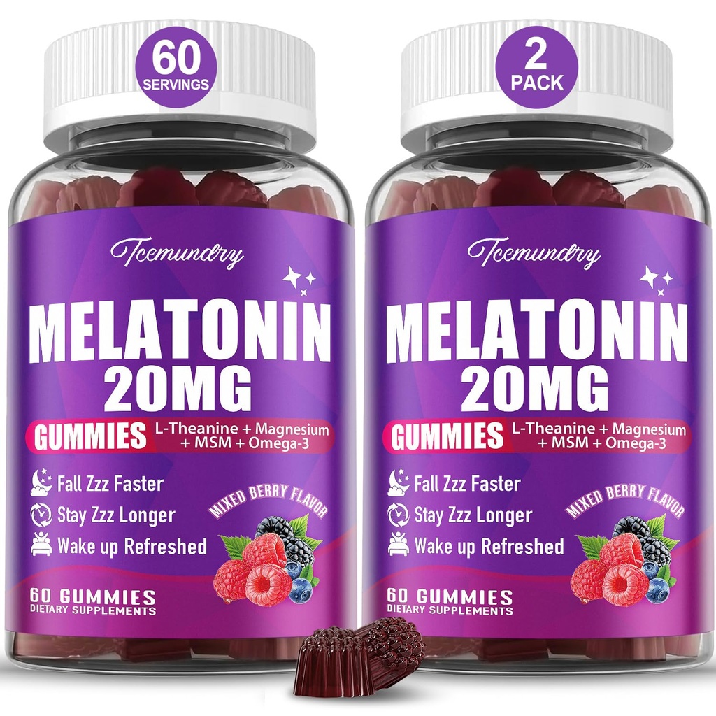 Melatonin Gummies 20mg for voksne - Maksimal styrke Melatonin Gummies med L- Theanin, Magnesium, Omega-3, MSM, D3 & Zink - Ikke-Habit Forming, Vegan, Ikke-GMO, Natural Mixed Berry Flavor