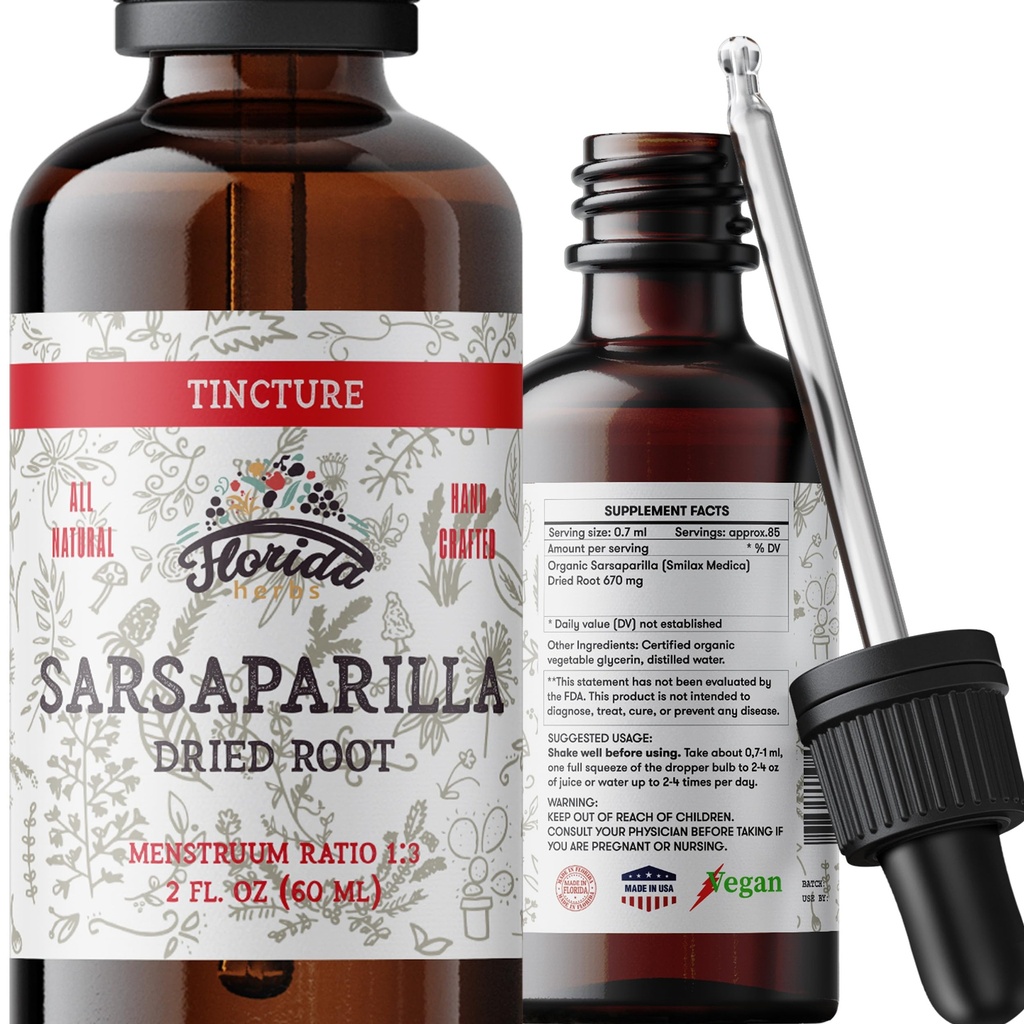 Sarsaparilla Tincture, Organic Sarsaparilla Extract (Smilax Medica) Tørret rod, ikke-GMO i Cold- presset økologisk vegetabilsk glycerin 2 oz, 670 mg