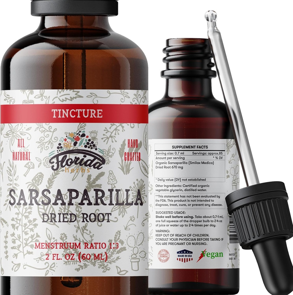Sarsaparilla Tincture, Organic Sarsaparilla Extract (Smilax Medica) Tørret rod, ikke-GMO i Cold- presset økologisk vegetabilsk glycerin 2 oz, 670 mg