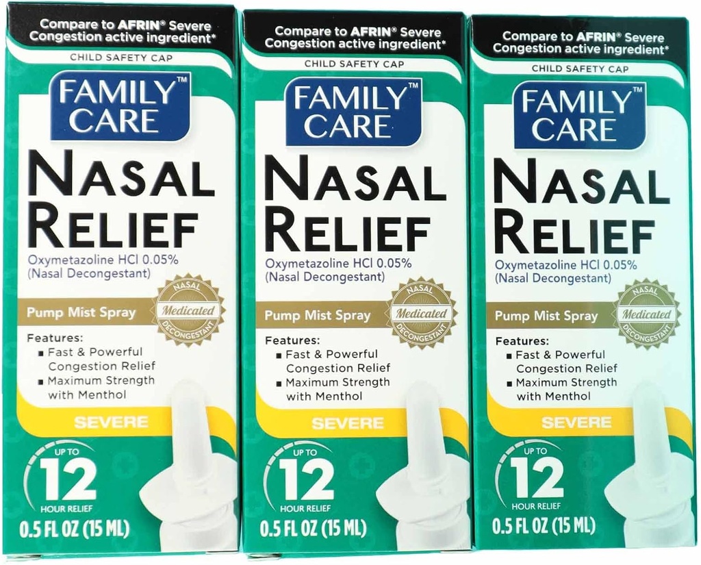 FamilyCare Nasal Relief Spray, Pump Mist, Anti- Drip, Svær Congestion, (Oxymetazolin HCI) 12 Timer, 3 Pack