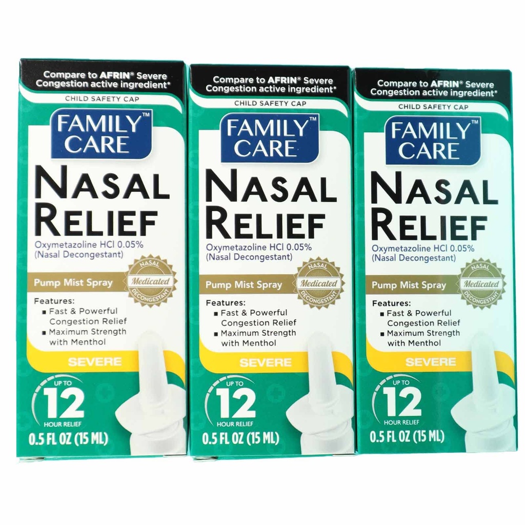 FamilyCare Nasal Relief Spray, Pump Mist, Anti- Drip, Svær Congestion, (Oxymetazolin HCI) 12 Timer, 3 Pack