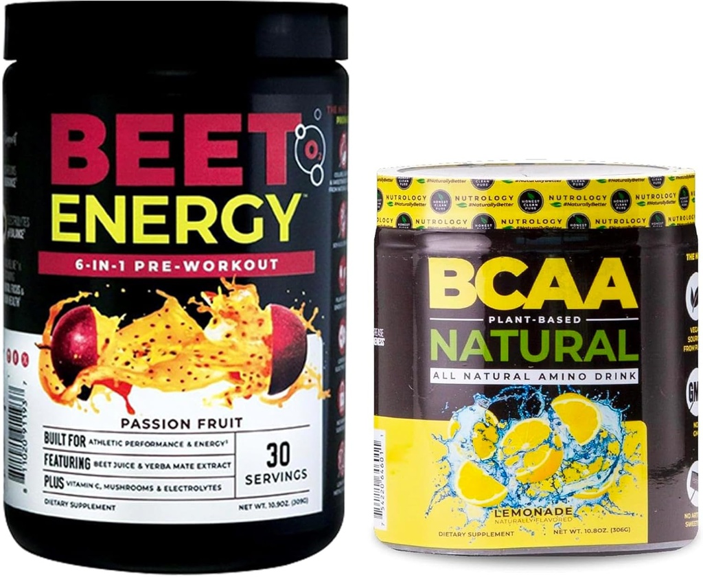 Nutrologi Beet Natural O2, Pre Workout Powder, Passion Fruit Flavor (30 Servere) BCAA Natural, Plant Based BCAA Powder, Lemonade Flavor (30 Servere)