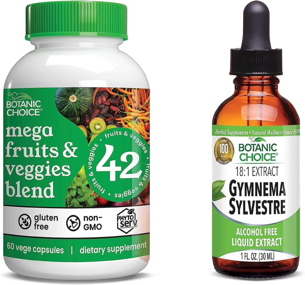 Botanic Choice Mega Fruits and Veggies Blend (60 kapsler) + Gymnema Sylvestre Extract (1 fl oz) Bundle - Energy Balance & Superfood Supplement