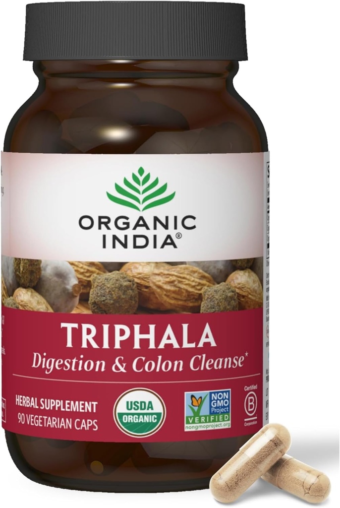 ORGANISK INDIA Triphala kapsler Organic - Herbal supplement med Amla, Bibhitaki, Haritaki, fordøjelse & kolon support, immunsystem support, adaptogen, Vegan, USDA Certified Organic - 90 kapsler