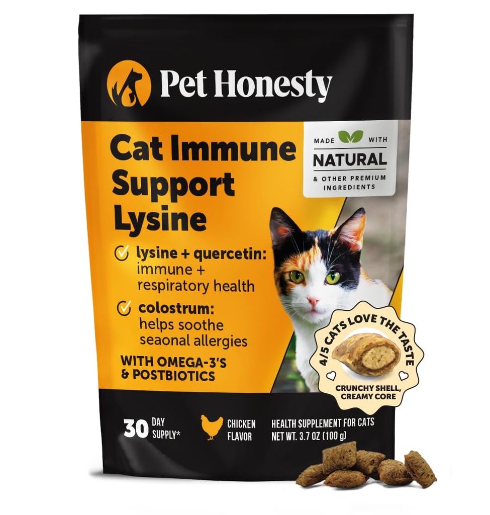 Cat immunforsvar Lysin - Allergi Relief & immunsundhed supplement til katte med L- Lysin, Colostrum, Quercetin & Omega-3 - Lindes nysen, Runny Næse & Itchy Skin Kylling, (30-Day Supply)