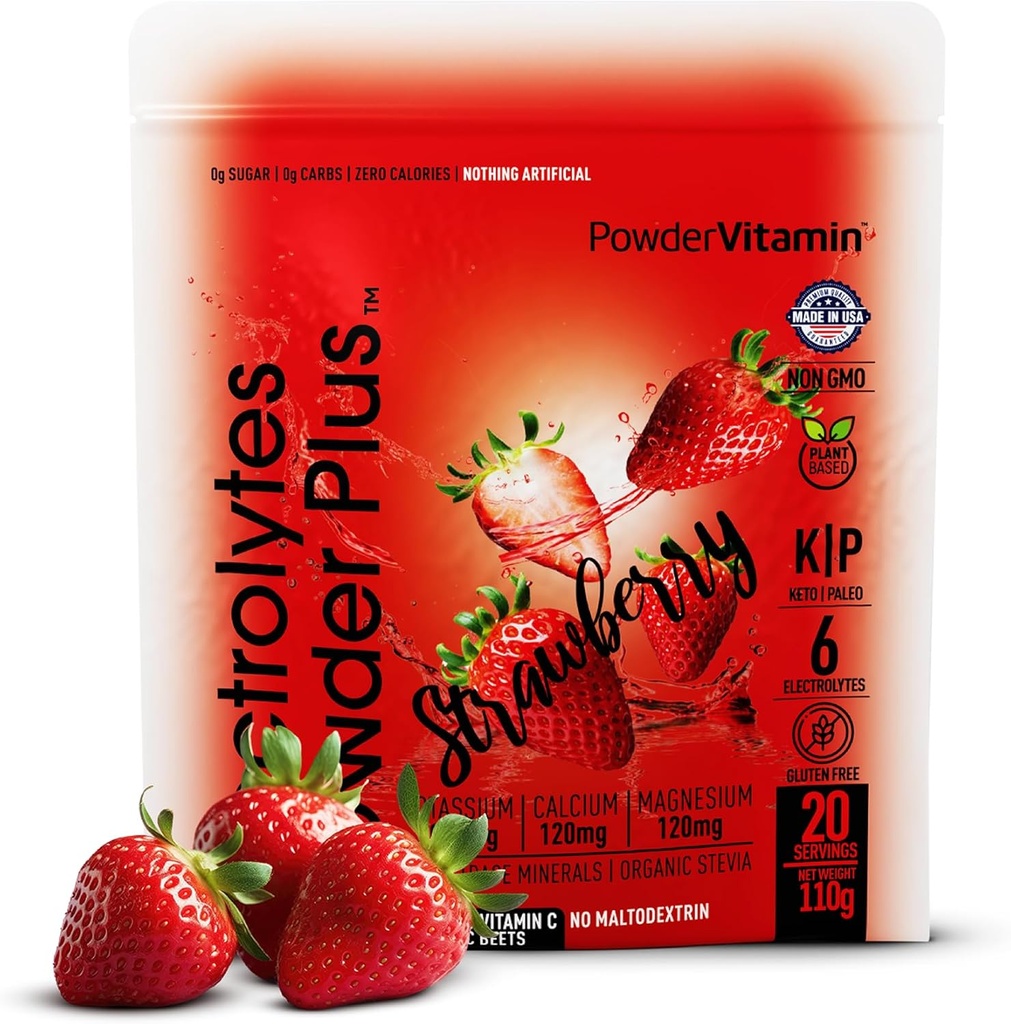 PowderVitamin Electrolytes Powder Plus (20 Servere) Strawberry Electrolyte Powder, No Maltodextrin, Keto, Sugar Free, Pink Himalayan Salt, 1000mg Kalium, 120mg Calcium, 120mg Magnesium, Hydrationspulver