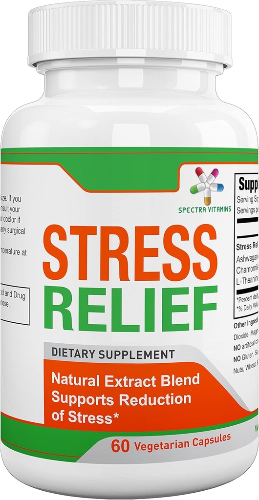 Spectra Vitaminer Stress Relief for voksne, Natural Stress Supplement med Ashwagandha og Herbal Formel, Focus og Energy Supplement til at slappe af og ro, 60 kapsler