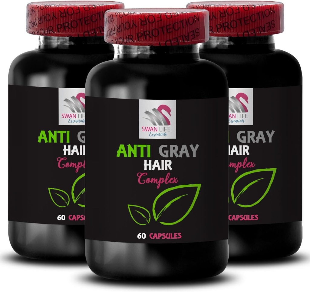 Gray hår supplement - Anti Gray hår kompleks - Gray hår reversal, naturlige shade, farve beskyttelse, hår Tone Revival, hår Virancy, Gray hår Revival, Lyse hår Tone 3 flasker 180 kapsler