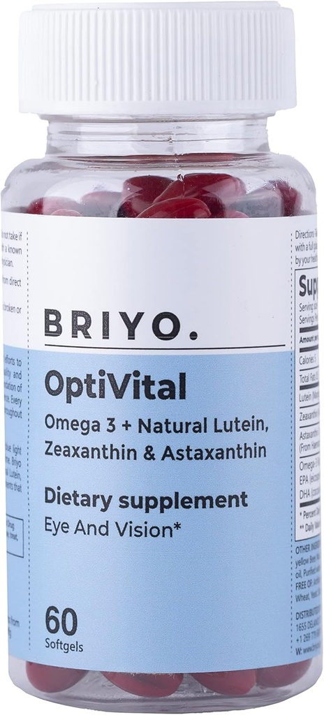 Briyo Optivital Eye Health Supplement med Lutein, Zeaxanthin, Astaxanthin og Omega 3 - Understøtter Visuel Klarhed, Screen Træthed Relief og langsigtet retinal sundhed - En om dagen, 60 Softels
