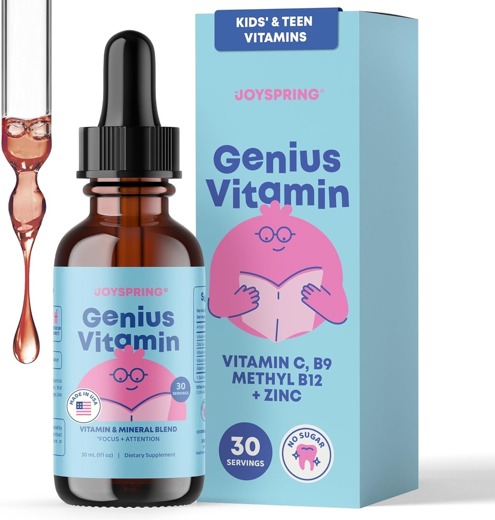 JoySpring Kids B Complex Medical 124; Vitamin B Complex Liquid Drops med Elderberry, Zink & Vitamin C Medical 124; Støtte til Samlet Wellness (1 fl oz) 30 Servering