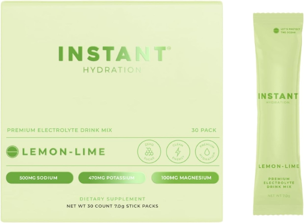 Instant Hydration Electrolytes Powder Packets - Lemon Lime Drink Mix - Zero Sugar - Keto, Vegan, Gluten- Free, Non- GMO - Boost Recovery, Brain Health, Muscle & Tissue Support - 30 sticks