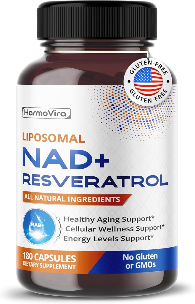 Liposomal NAD + 600 mg med Resveratrol 200 mg for cellulær energi og sund aldring - 180 kapsler - Vegan, Non- GMO, USA Made