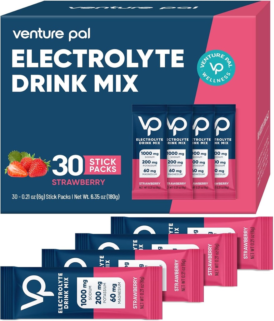 Venture Pal High Sodium Sugar Free Electrolytes Powder Packet - Hydration Packets with Vitamin, Sodium & Potassium | Zero Calories | Vegan, Keto & Paleo Friendly Electrolyte Drink Mix - 30 Sticks